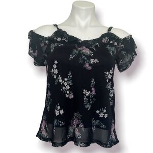 Y2K VTG Fairy Feminine Floral Black Cold Shoulder Ruffle Blouse XSMALL romantic